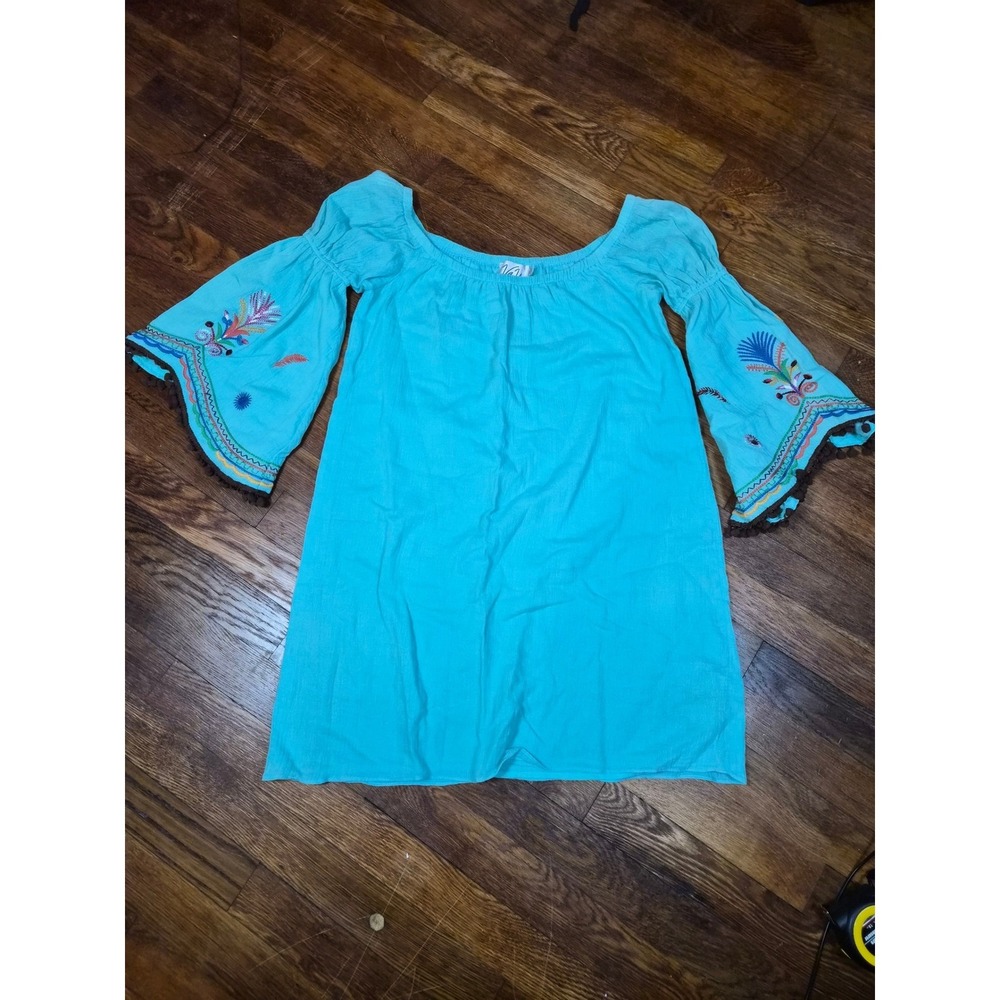 Va Va by Joy Han Turquoise Embroidered Bell Sleeve Pom Pom Tunic Dress XS